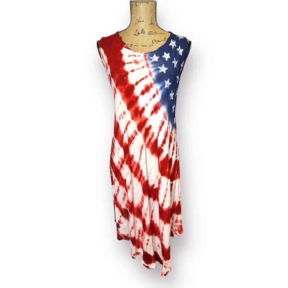 TRUE ROCK Dresses & Skirts - NWT True Rock OS Red White Blue Stars Stripes Tie Dye Swim Cover Up Flowy Dress
